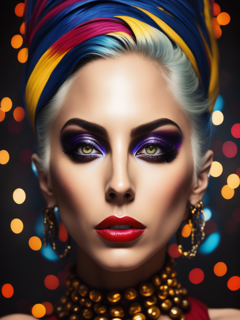 Portrait of lady gaga, bright and saturated colors, elegant, highly detailed, vogue, fashion magazine, sharp focus, bright expressive makeup, dramatic lighting, depth of field, incredibly high detailed, blurred background