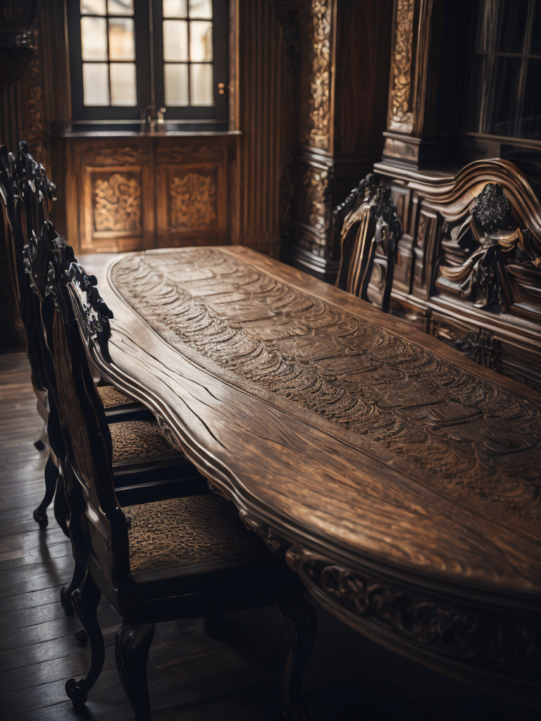 vintage and massive carved wooden table, deep carved wood, black wood