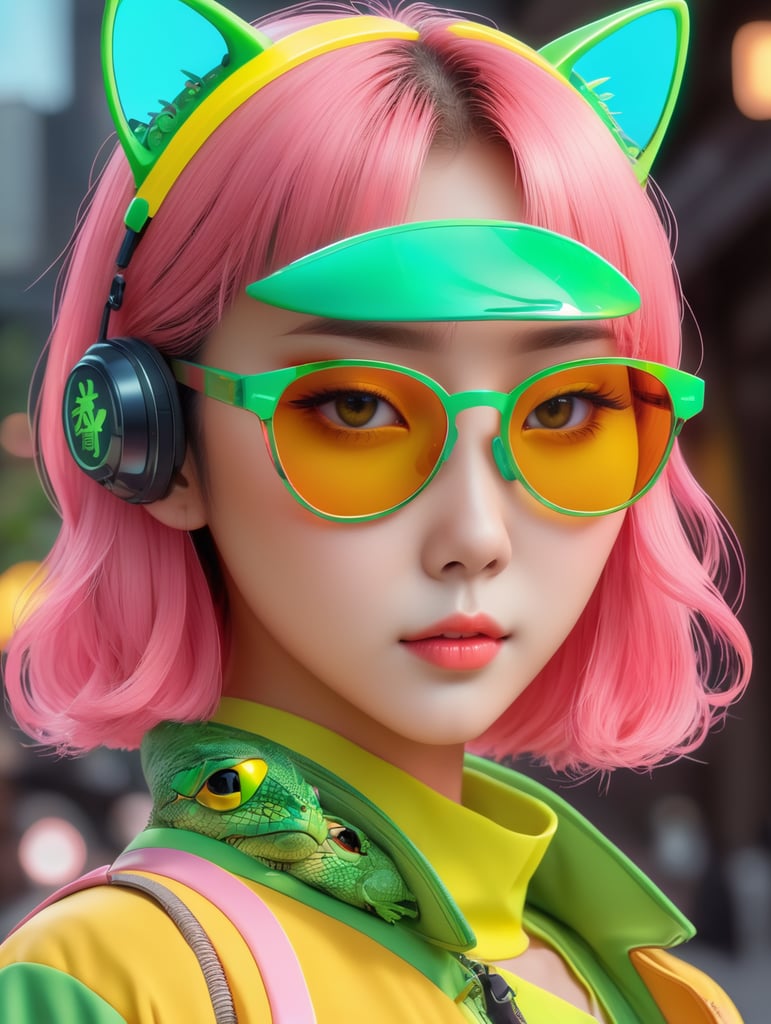 Premium AI Image, modern anime character of Chinese girl AI generated, neon, sunglasses, small cat, lizard