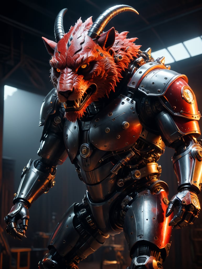 A man with an animal head + with mechanical legs + body made of metal + Cinematic lighting, Unreal Engine 5, Cinematic, Color Grading, Editorial Photography, Photography, Photoshoot, Shot on 70mm lense, Depth of Field, DOF, Tilt Blur, Shutter Speed 1 1000, F 22, White Balance, 32k, Super-Resolution, Megapixel, ProPhoto RGB, VR, tall, epic, artgerm, alex ross, Halfrear Lighting, Backlight, Natural Lighting, Incandescent, Optical Fiber, Moody Lighting, Cinematic Lighting, Studio Lighting, Soft Lighting, Volumetric, Contre-Jour, dark Lighting, Accent Lighting, Global Illumination, Screen Space Global Illumination, Ray Tracing Global Illumination, Red Rim light, cool color grading 45, Optics, Scattering, Glowing, Shadows, Rough, Shimmering, Ray Tracing Reflections, Lumen Reflections, Screen Space Reflections, Diffraction Grading, Chromatic Aberration, GB Displacement, Scan Lines, Ray Traced, Ray Tracing Ambient Occlusion, Anti-Aliasing, FKAA, TXAA, RTX, SSAO, Shaders, OpenGL-Shaders, GLSL-Shaders, Post Processin