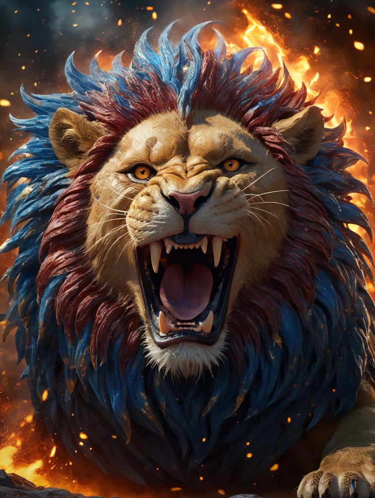 fierce snarling lion in maroon, blue and gold surrounded by flying embers and firestorm