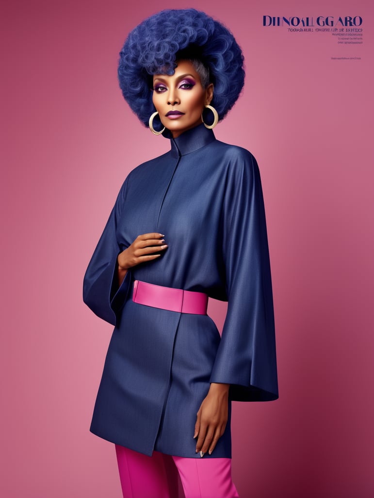 Donyale luna, avant-garde, simplygo, photoshoot spread, dressed in all indigo, pink background, harpers bizarre, cover, headshot, hyper realistic