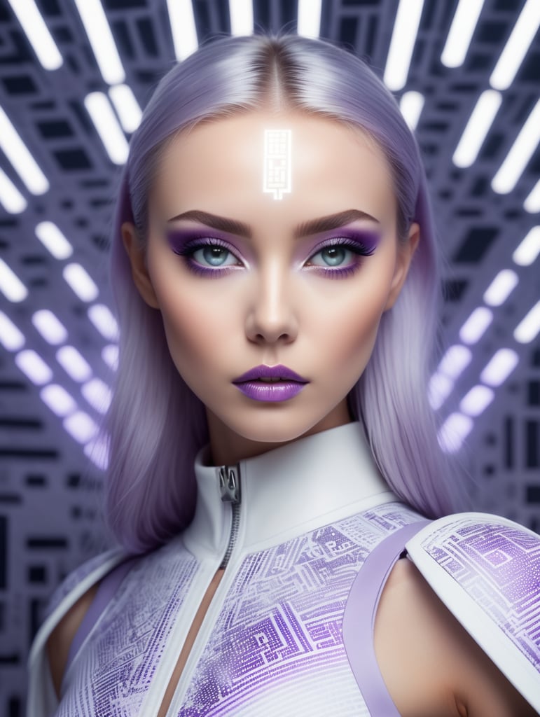 Fashion photography, pitch white slate grey lilac, full body view, minimalism, smoked eye shadow, illuminated white qr code pattern, luminous eyes, opposing pattern background, vibrant color, misty aether cyberpunk clothing, close up view of head, fluctuating depth of field, ethereal lighting, backlighting, holga medium format camera