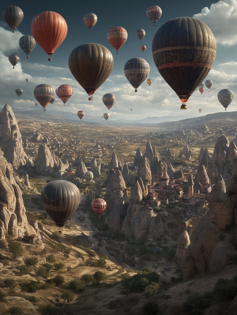 Turkish flying ballons in cappadocian sci-fi