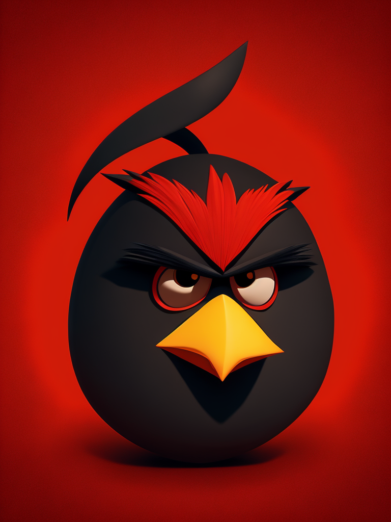 angry birds, black round bird on red background, standing centered in 3D style, rendered using beautiful Disney animation, Pixar style, Disney style, 3D style