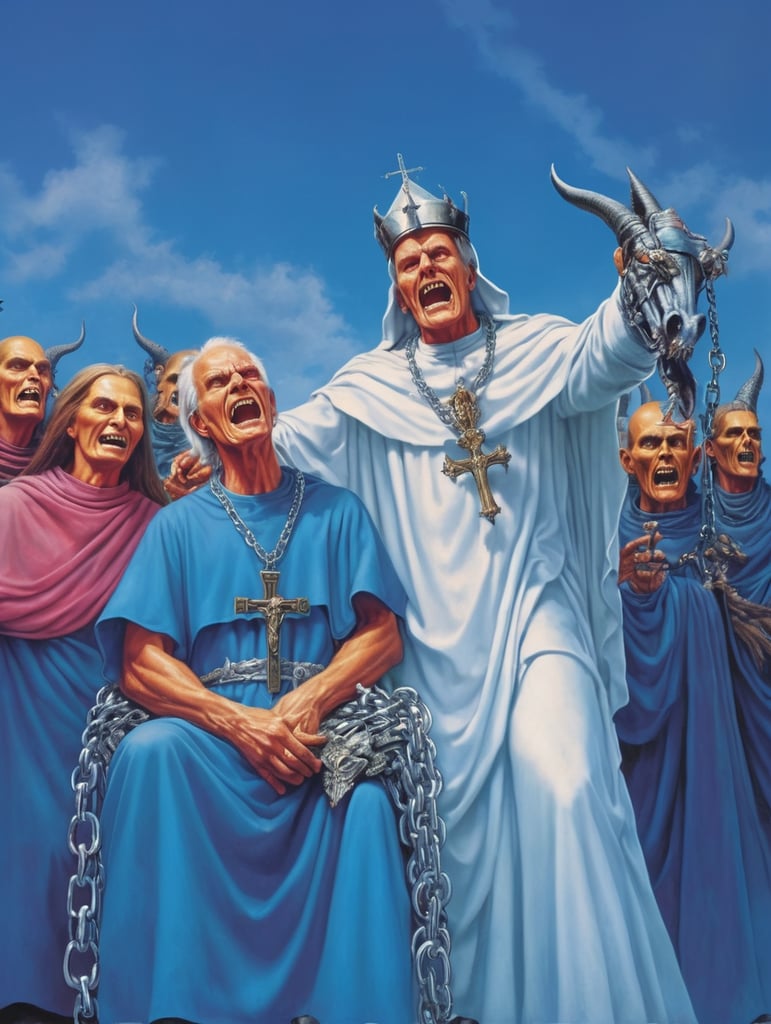 Human Bishop, and nuns healing, the dead Hell skulls four horsemen baphomet chains thorns ,screaming dead demons on fire iconic, hyperdetailed, Iron Maiden Eddie digital illustration by Derek Riggs, (iconic, hyperdetailed, haunting digital illustration by Zdzisław Beksiński and Peter Gric. ), vivid saturated colors, highly detailed, contrast colors