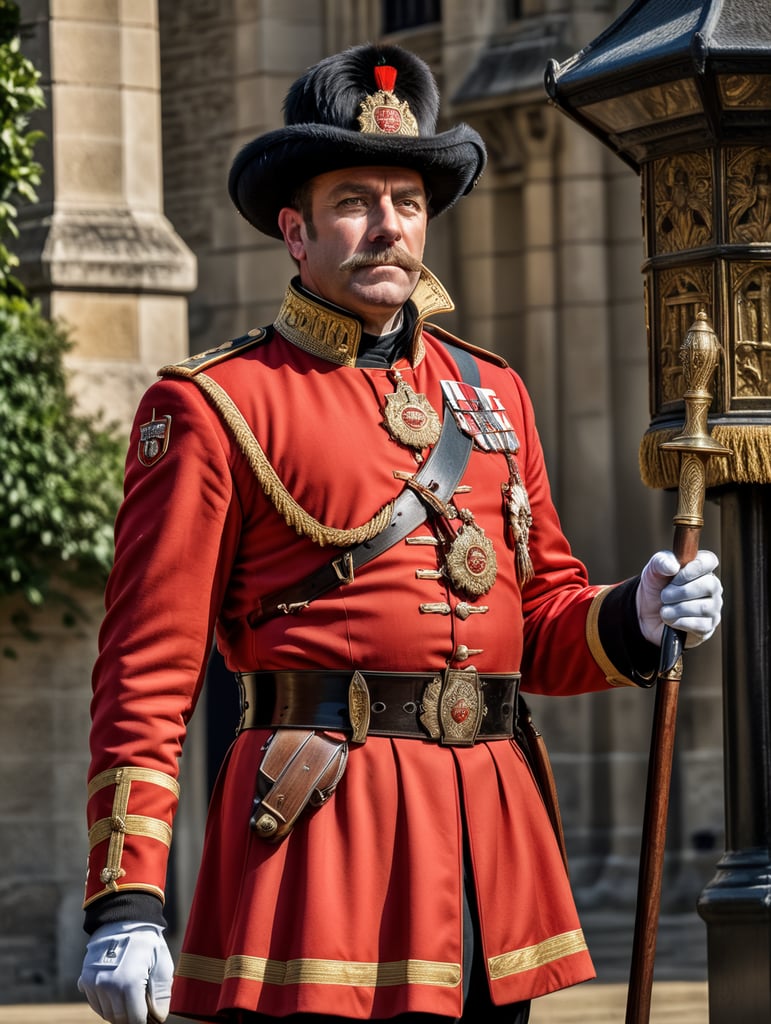 Retro poster of a Beefeater man, ceremonial guard of the Tower of London.