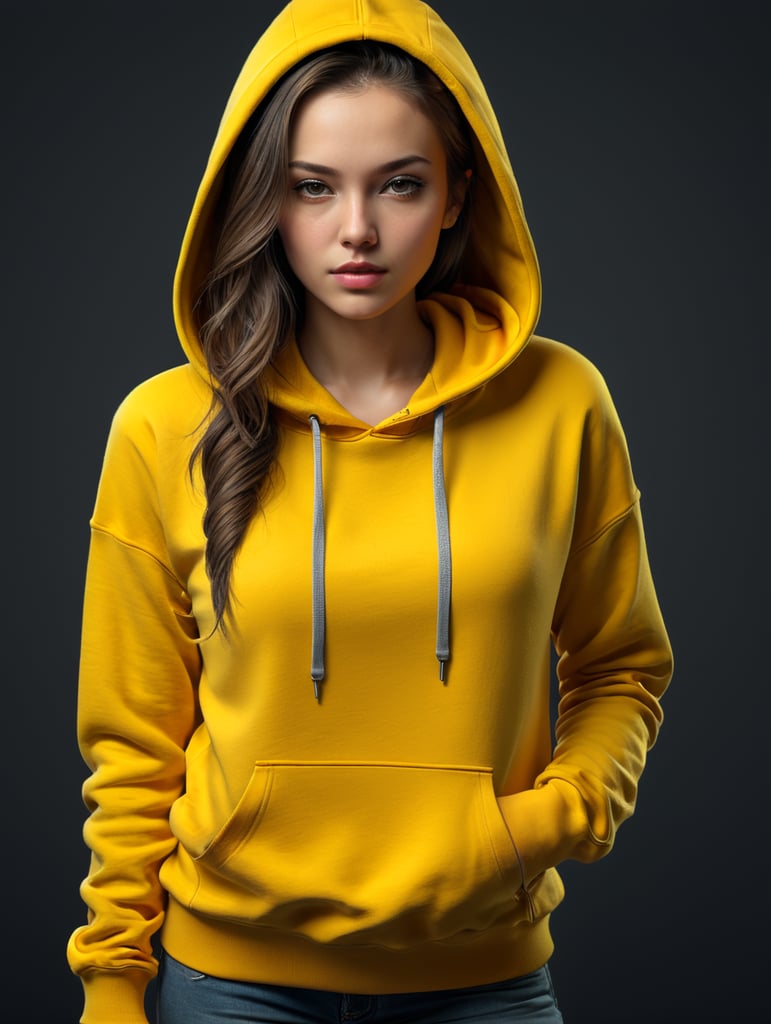 Portrait of a beautiful young woman wearing blank yellow hoodie, isolated, minimalism, mockup, mock up