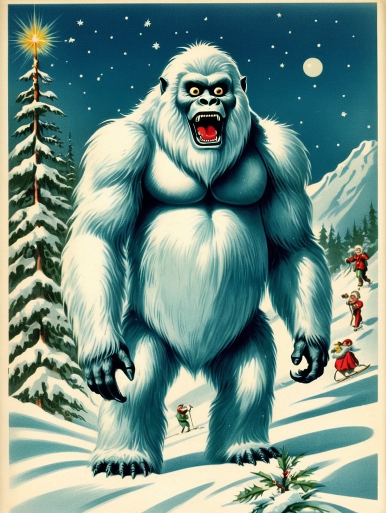 Yeti, Abominable Snowman, vintage Christmas postcard illustration