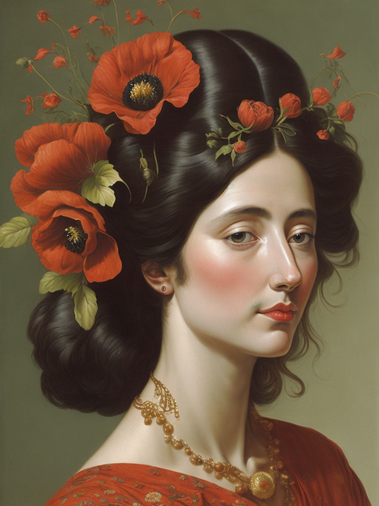 Giuseppe Scuderi, ultra-fine detailed painting of a woman with an opium poppy flower in her hair, a whimsical, detailed painting.