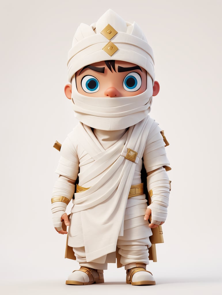 A photograph of mummy costume covered in bandages for a male character with fortnite style, halloween costume, white background, full body