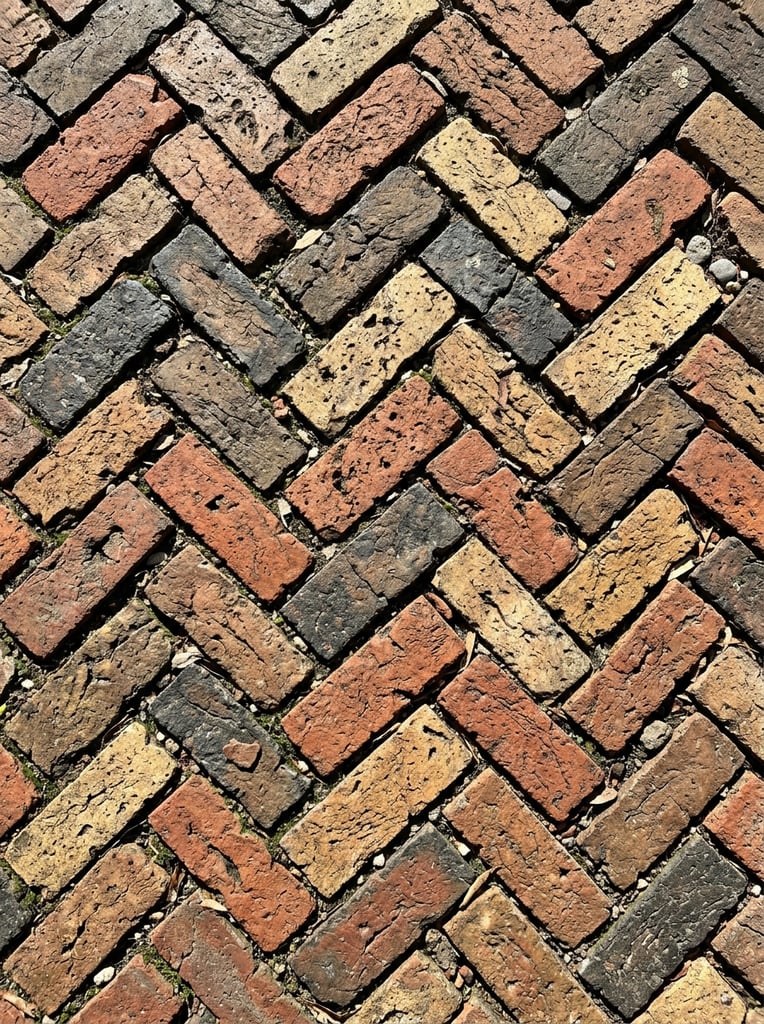 A weathered brick pavement laid in a classic herringbone pattern fills the frame from a top-down perspective. The rectangular bricks feature a highly textured, aged surface with chips, pores, and rough edges. The masonry displays a rustic color palette of deep terracotta reds, charcoal greys, and pale ochre yellows. Deep crevices separate the interlocking blocks, holding accumulated dirt and sparse bits of dry debris. Harsh, direct sunlight casts sharp, high-contrast shadows within the joints, emphasizing the tactile, uneven surface and forming a rich, geometric mosaic of rugged earth tones.