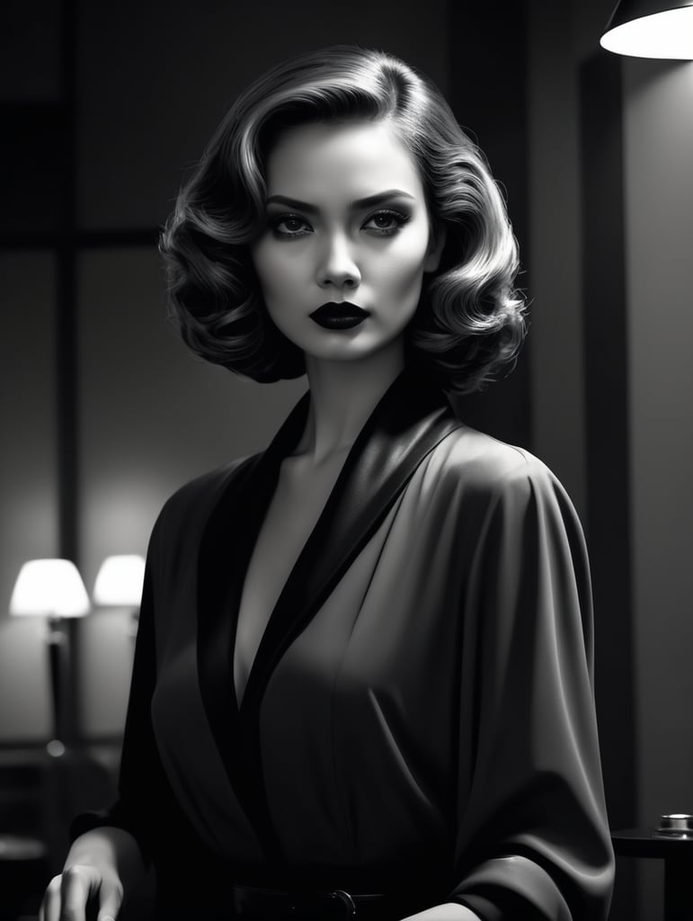 Dark film noir, black and grey, scene, female