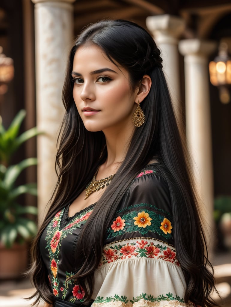 uma linda garota branca com cabelos lisos compridos e pretos ela veste um lindo vestido em um ambiente mexicanos