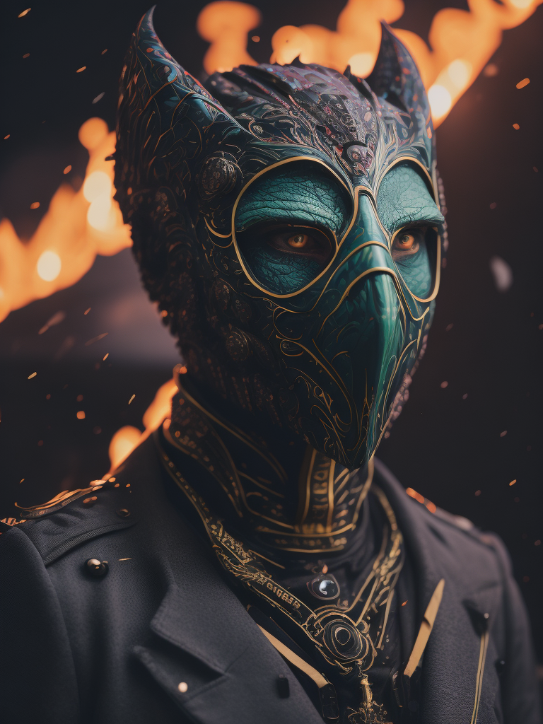 Imagine creature, his face covered with big mask. The image should be in the style of Tim Walker, with an experimental and trippy perspective. The man should be surrounded by bold and vibrant shapes in neon colors. The scene should be shot with a Sony A7R III and a Sigma 35mm f 1.4 ART lens and rendered in photorealistic 8k ultra crispy HD cinematography. The mood should be mesmerizing and the atmosphere should be hypermaximalist, with insane and intricate details. The lighting should be volumetric, moody, and studio-style, using cinematic color grading and post-processing techniques like screen space and ray tracing reflections. The background must be a solid color.