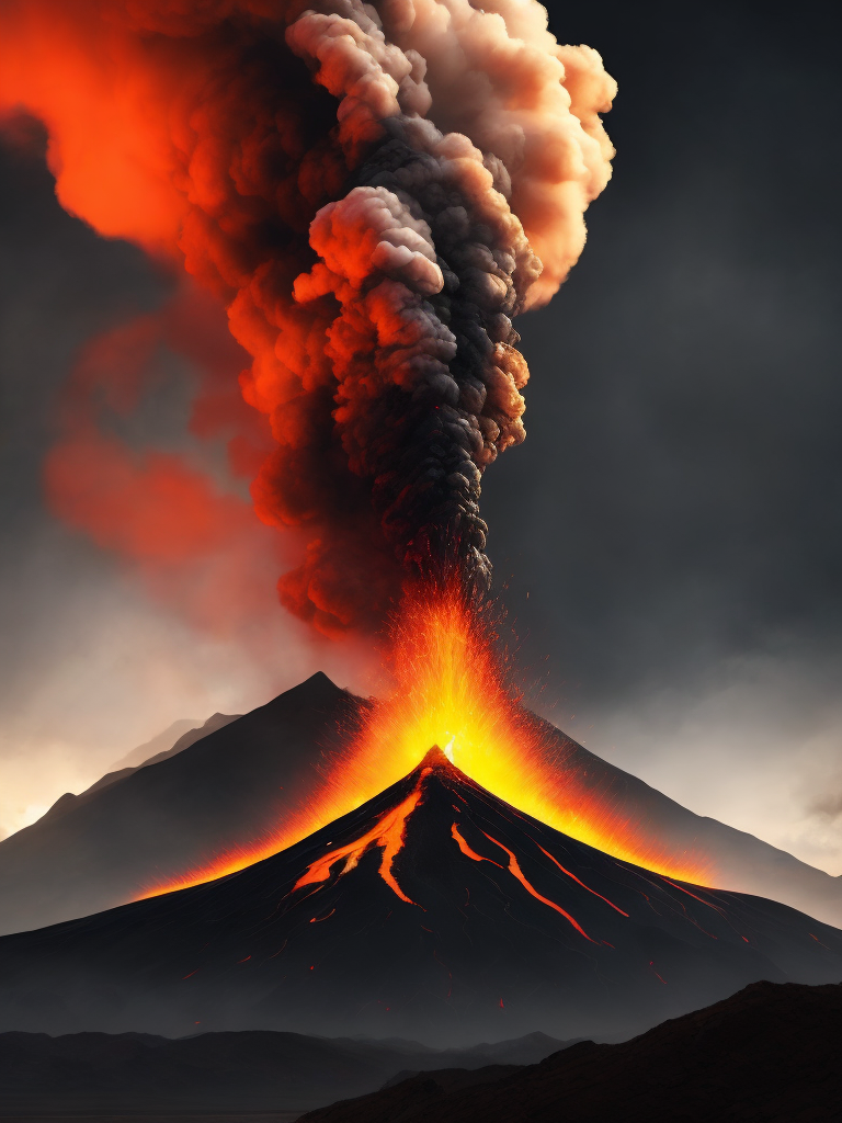 The image of a volcano erupting into the sky, a large mountain, black smoke, flowing lava, high quality details