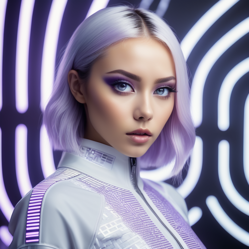 Fashion photography, pitch white slate grey lilac, full body view, minimalism, smoked eye shadow, illuminated white qr code pattern, luminous eyes, opposing pattern background, vibrant color, misty aether cyberpunk clothing, close up view of head, fluctuating depth of field, ethereal lighting, backlighting, holga medium format camera, 4k, super realistic, cyber