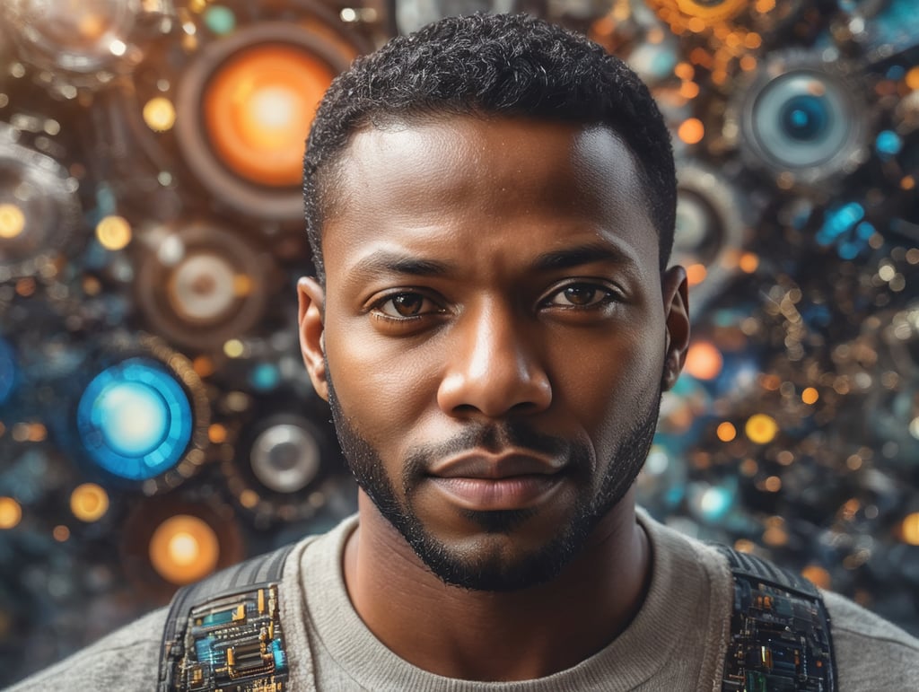 realistic illustration of a close-up portrait of an optimistic black man surrounded by vibrant outward moving abstract technological objects