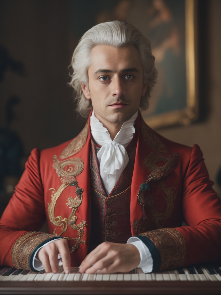 Wolfgang Amadeus Mozart in a 18th century red suit making music on a DJ table, Against the background of the interior of the palace full of guests, studio photo, professional photo, Bright and rich colors, Detailed image, detailed face,