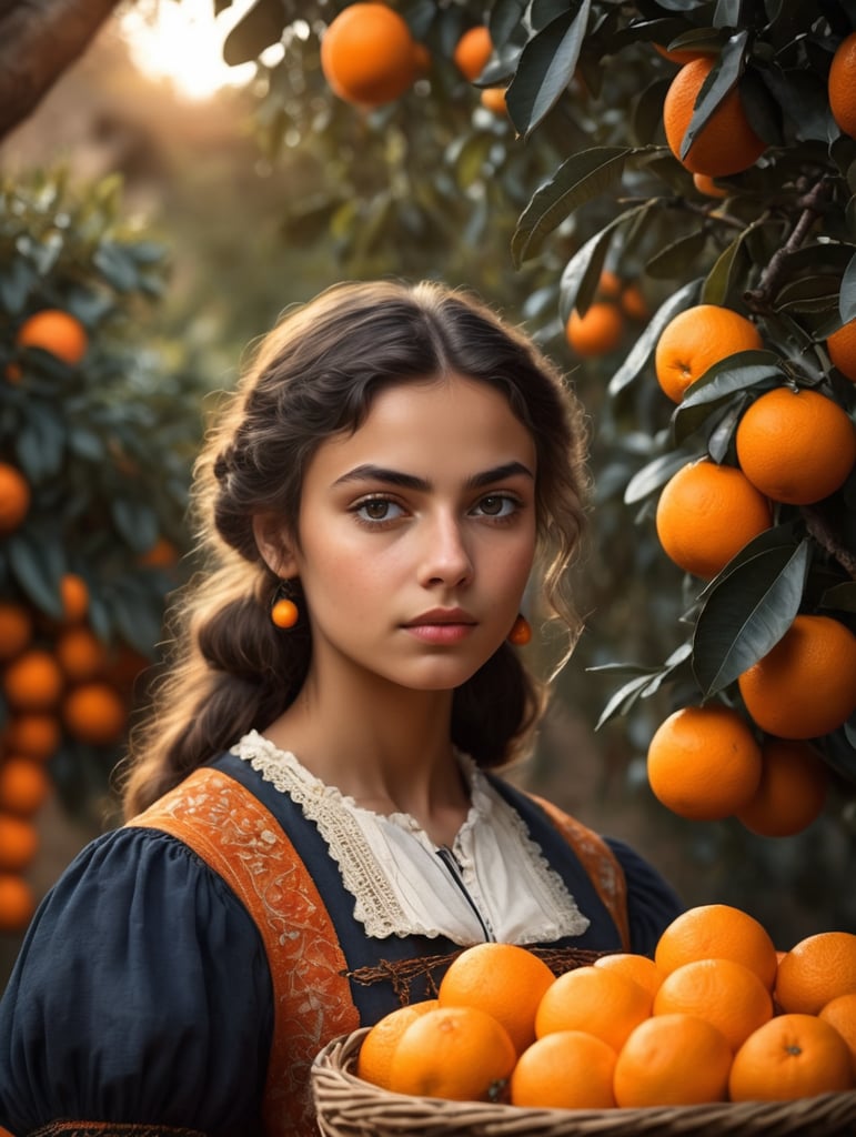 Portrait of a young, dark and beautiful Italian girl growing oranges from Sicily in 17th century Italian folk peasant clothing, dramatic lighting, depth of field, orange trees in the background. Oranges should have a beautiful, even structure. Incredibly high detail holding fresh oranges in hand