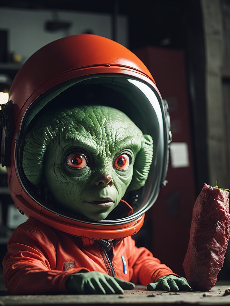 Hyper-realistic of a tiny green aggressive alien with two antennas each bearing an eye in real-life, his head on a big glass capsule helmet, garbed in a dark red astronaut suit, in an old lab looking at a grey-purple geode slimy rock is beside. The image boasts dramatic lighting, emphasizing the character's eerie yet fascinating demeanor