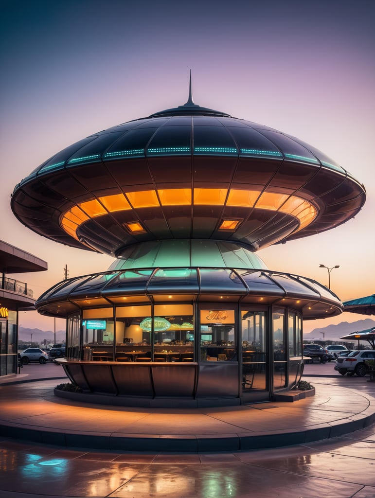 futuristic ufo cafe, desert, an night, neon, glass