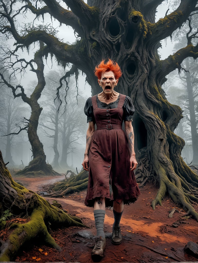 An old witch, short and fat, red hair and pale orange skin. dressed in a tattered dark maroon dress buttoned up to the neck with grey torn stockings and old battered shoes, very ugly with a small nose and warts, a hunched back. viewed from the front. Looking angry and shaking a fist. standing by an ancient tree in a dark scary wood. Mist in the background