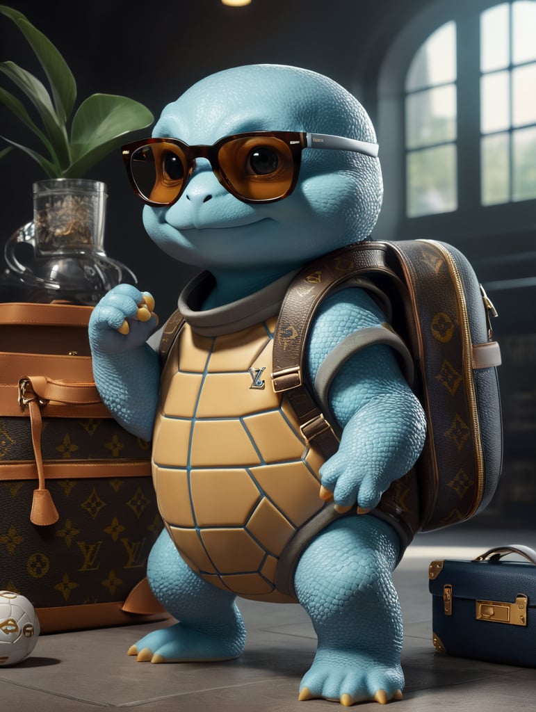 cute stylish squirtle dressed in stylish lacoste sportswear clothes, big sneakers and a louis vuitton glasses