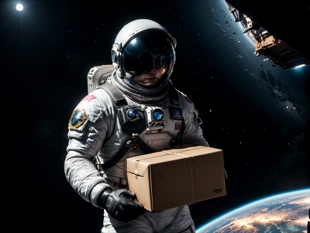 An astronaut holding a box in the space and hiding the box . Floating in dark space with just small stars, pitch black. white astronaut suit.