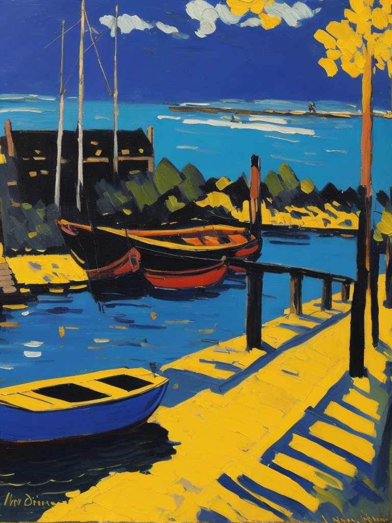 fauvisme style art, oil painting, a fisher boat tied to a jetty, by maurice de vlaminck,