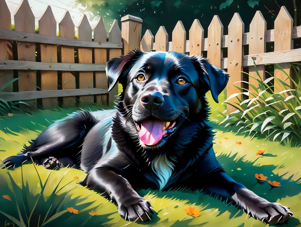 Black dog looking happy, content, silly lying on his back with legs in the air on grass in a garden with a solid wooden fence behind