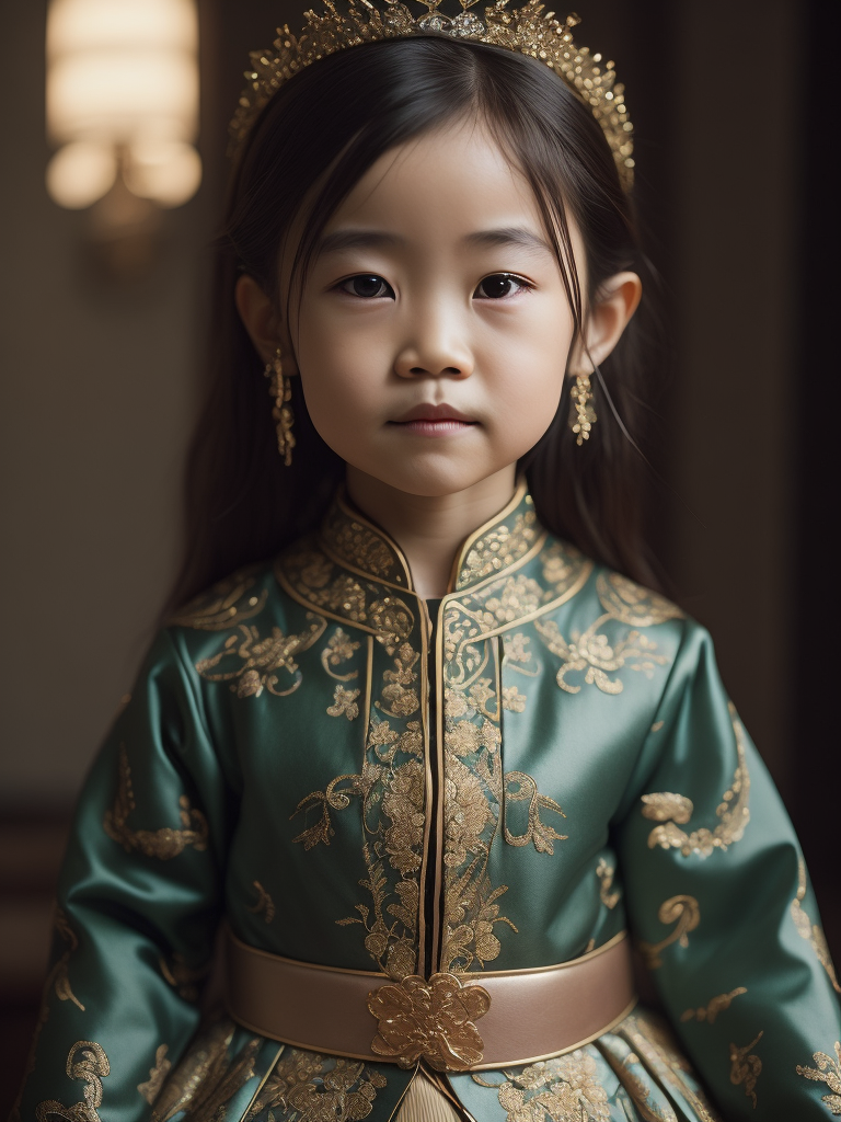(((cute, sad little girl aged 5))) from China dressed in a (((typical Chinese colorful wedding dress, green and gold color))), (photorealistic: 1.4, lifelike), highly detailed CG unified 8K backgrounds, 1 child, looking at the viewer, (HQ skin:1.4), 8k uhd, dslr, soft lighting, high quality, film grain, Fujifilm XT3, ((simple, neutral background)).