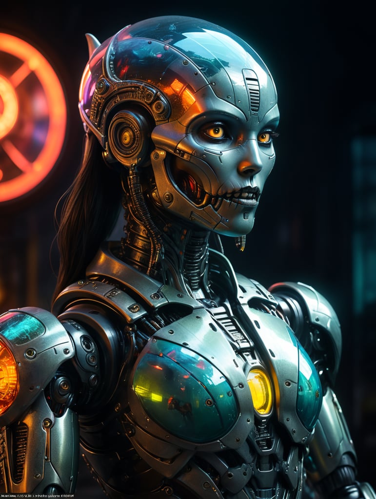 neon city scape, blade runner, humanoid female model portrait, gpld fish bowl, shark skin,beautiful, full body pose, skeletal robot, hyperrealistic scene, spotlight, masterpiece, avantgarde, neon colors, full body pose, sci-fi, futuristic otherworldly planet scape, robot humanoids