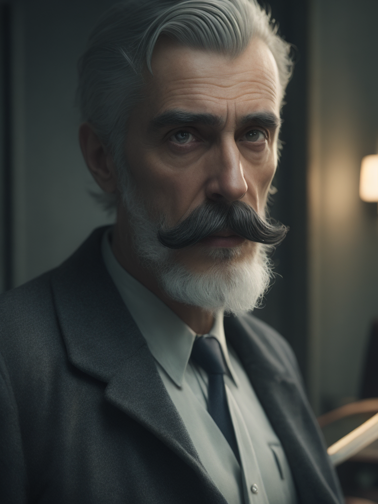 Lovecraftian portrait of a 1920s police detective, gray haired english moustache, bookshelves wide shot, artstation, concept art, illustration, ilya kuvshinov, vintage
