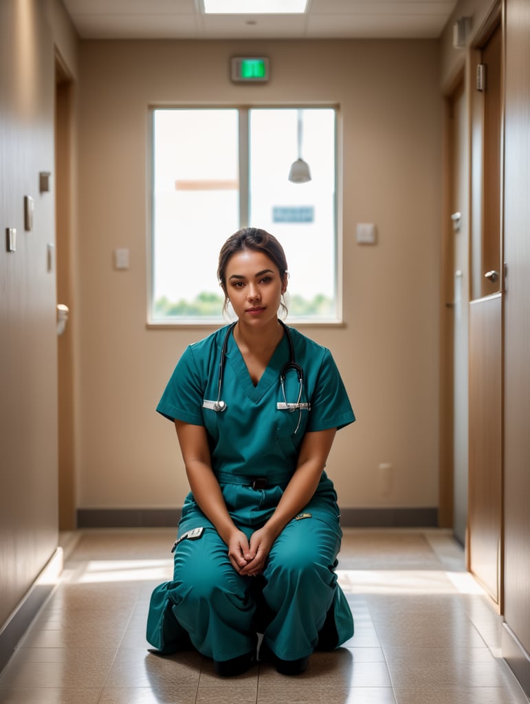 Portrait of a female working nurse, sitting on the floor in the hallway, sad face, sad colors and atmosphere, the light from the window illuminates her face