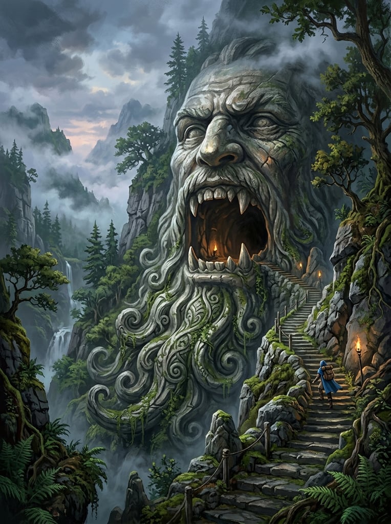 giant stone face carved into a lush mountainside, gaping mouth cave entrance with jagged teeth, tiny figure in blue cloak climbing winding stone stairs, swirling carved stone beard, misty green fantasy forest, atmospheric lighting, digital painting