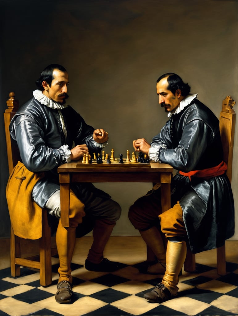 A masterpiece painting by Diego Velázquez, two man playing chess