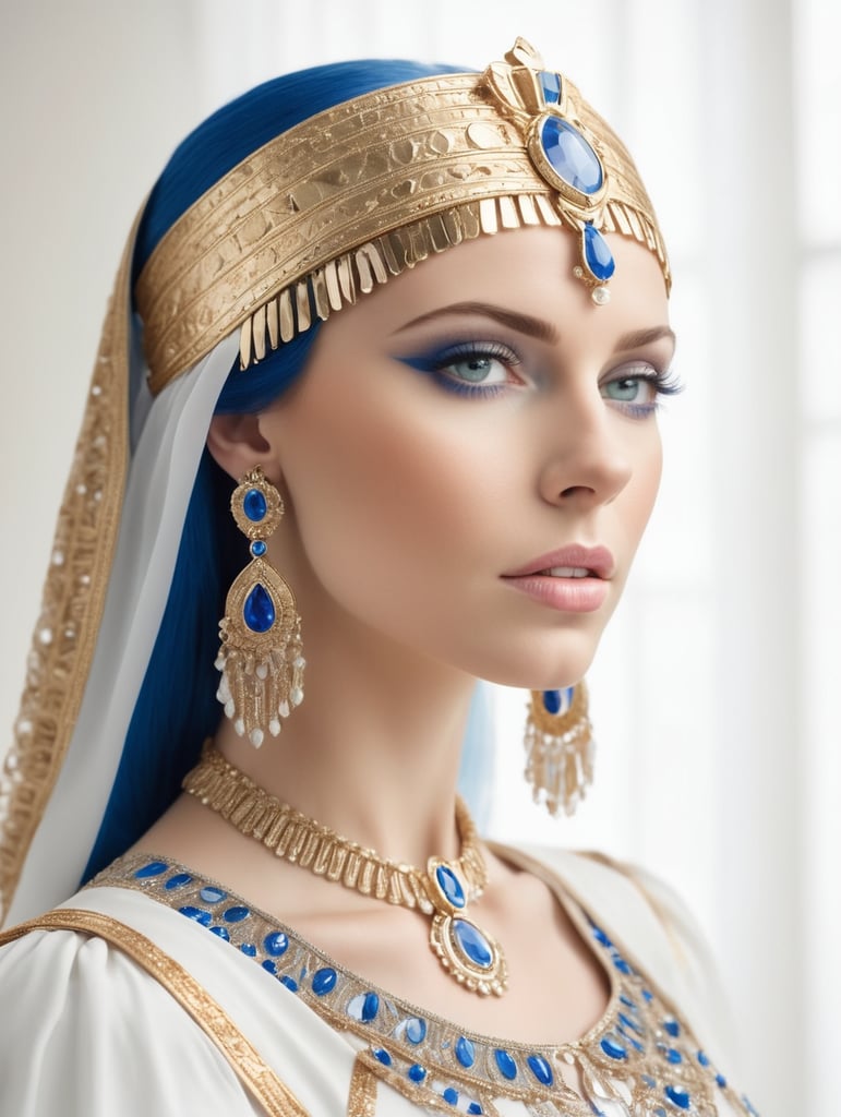 Queen Cleopatra wears a royal white and blue dress