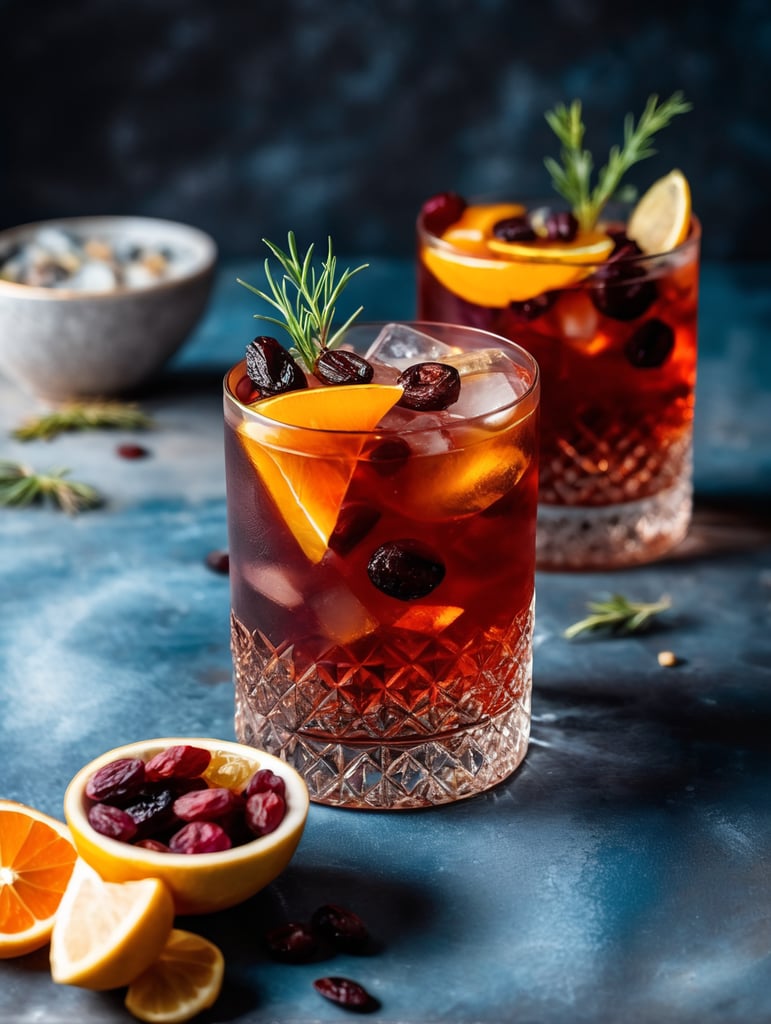 Gin cocktail with dried fruit slices, mood lighting