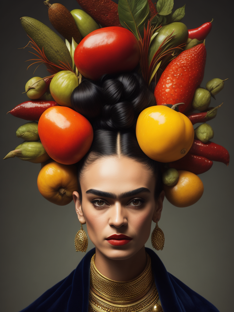 Portrait of Frida Kahlo,Headdress made of fine, fresh and small vegetables and herbs, bright and saturated colors, elegant, highly detailed, vogue, fashion magazine, sharp focus, bright expressive makeup, dramatic lighting, depth of field, incredibly high detailed, blurred background.