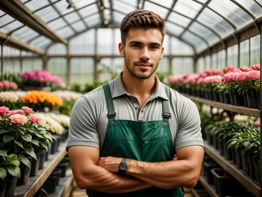 Realistic photography of a handsome young male florist gardener posing in greenhouse. Small business owner in flower shop