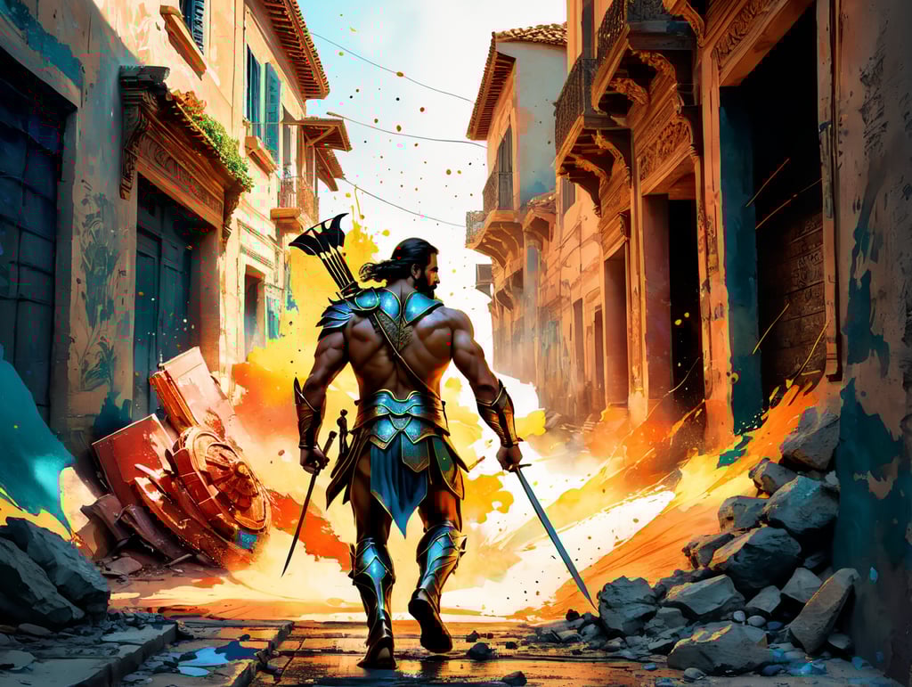 Van Goh style painting of Achilles killing Hector, as is narrated in the Iliad, behind the walls of Troy, only two people in the picture. Hyperrealistic