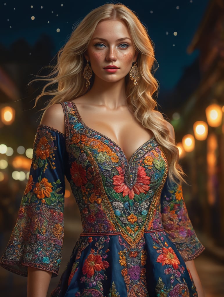 Beautiful blonde woman with freckles, wearing a colorful, vibrant, detailed embroidered dress, medium-full shot, at night