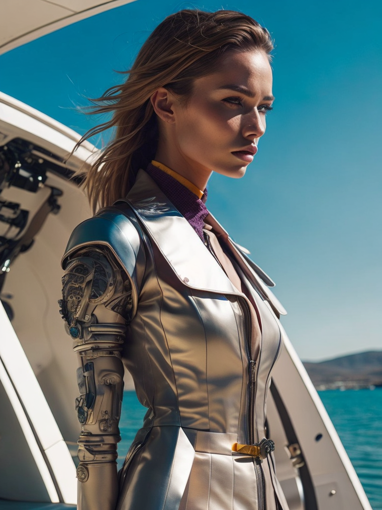 Beck Tyler ad featuring a woman donning a white ensemble, poised near turquoise waters, designed in the style of vibrant futurism, crafted with liquid metal elements in light magenta and bronze shades, showcasing a colorful patchwork effect. The woman wears elegant clothing, and the futuristic robots in the background add a touch of bedulenko. The image is sharply focused, capturing every detail with precision.