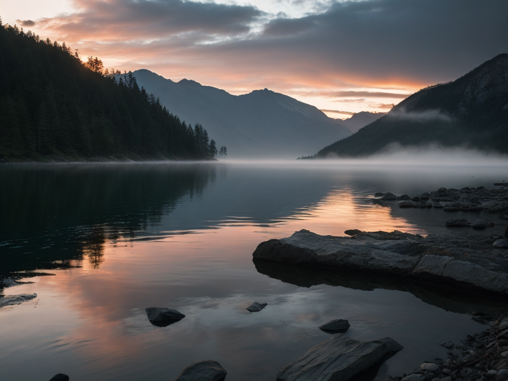 saullēkts pie ezera migla