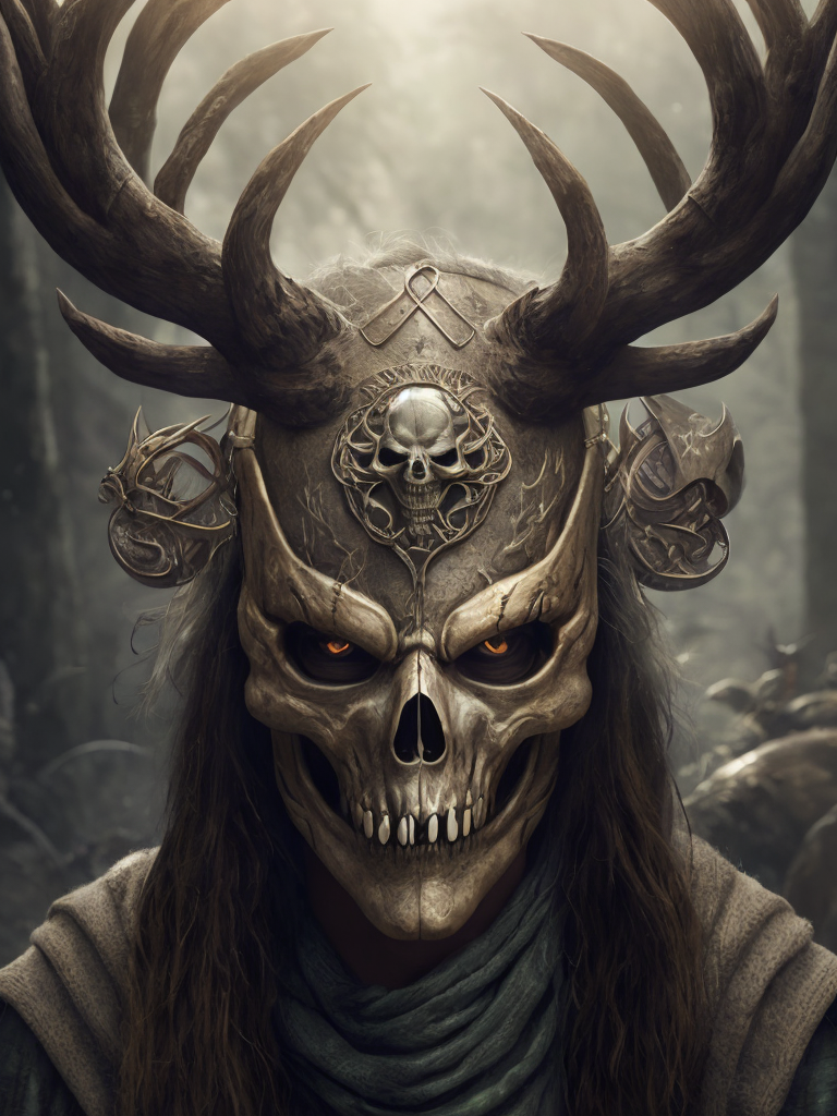 portrait of a Celtic pagan druid wearing a stag skull mask, rune symbols, fantasy concept art, highly detailed