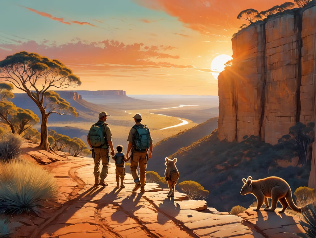 In the soft, golden light of a sunrise, a family stands atop a rugged cliff overlooking the vast Australian outback. They hold hands, their faces radiating excitement and determination. Below, a winding dirt road stretches into the distance, leading to new adventures. Kangaroos and a koala sit nearby, symbolizing the unique challenges and beauty of their journey down under as they move to Australia for new challenges.