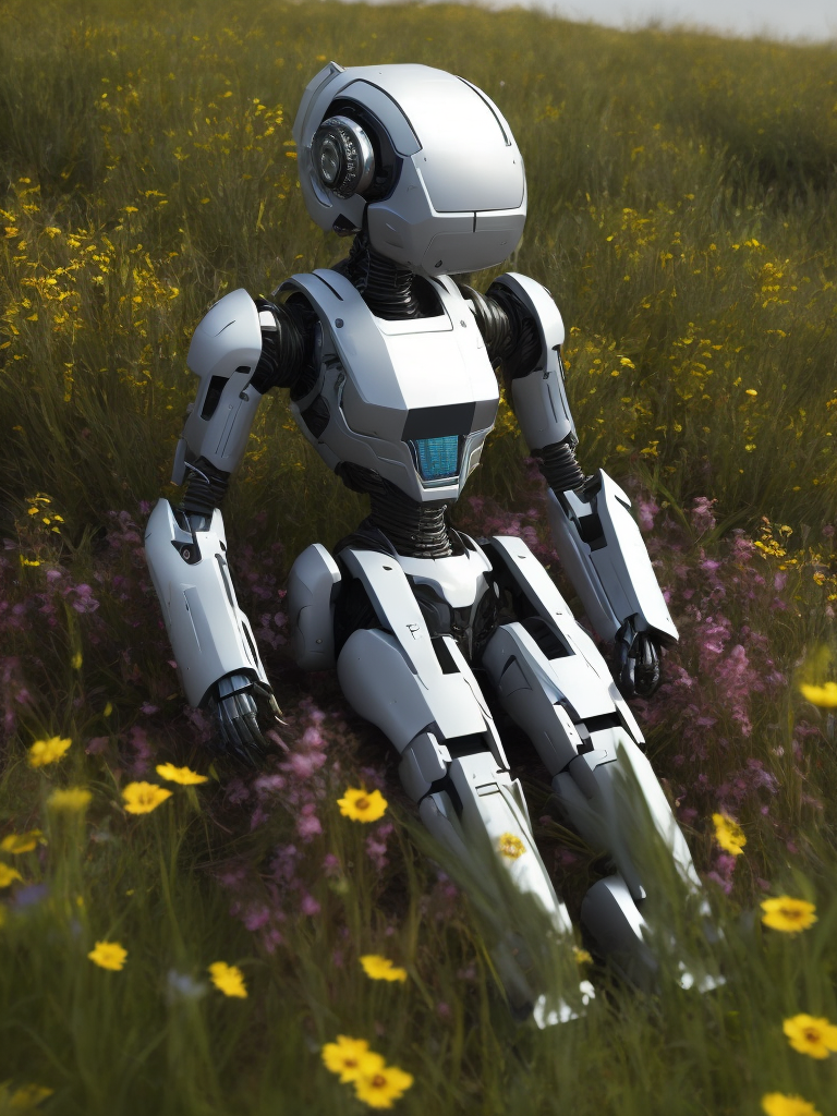 discarded broken full body female robot detached laying on ground in a field of wildflowers graphic style