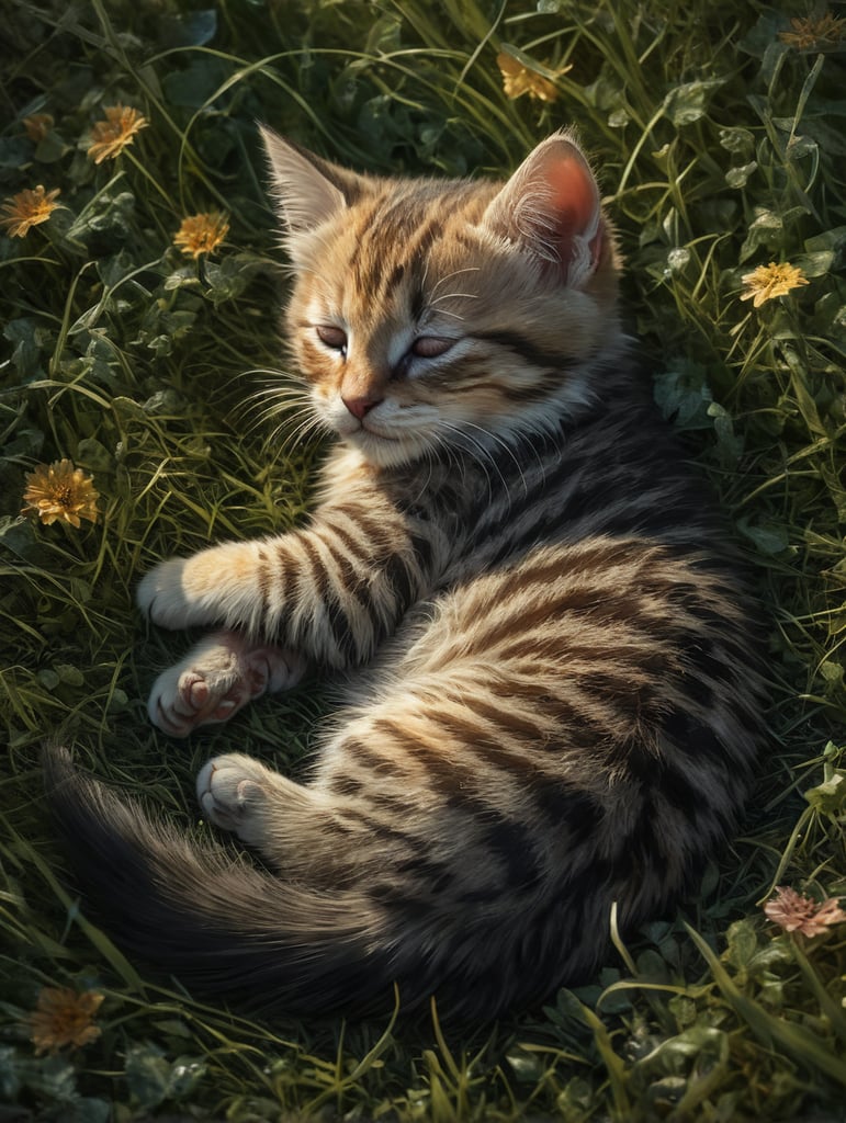 Kitten asleep on the grass