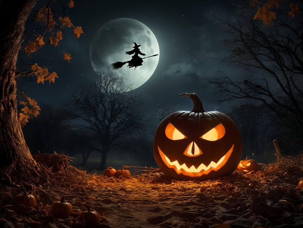Halloween pumpkin scene, dramatic lighting at night, around the pumpkin, but in the night sky the silhouette of a witch flying on a broomstick, crescent moon and stars. Depth of field.